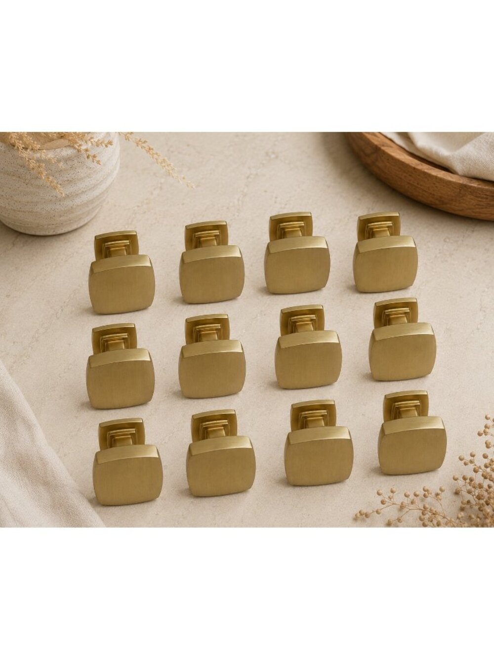 Lot of 12 Modern Brass Finish Square Cabinet Knobs Drawer Pulls 1" w/ Screws